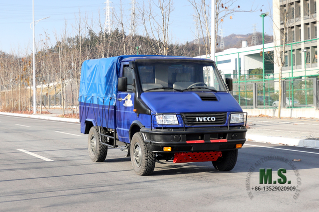 รถขับเคลื่อนสี่ล้อสีน้ำเงิน IVECO รถบรรทุกออฟโรด_4*4 รถบรรทุกขนาดเล็กแถวเดียวหัวสั้นพร้อมเสาผ้าใบกันน้ำ_ส่งออกยานพาหนะวัตถุประสงค์พิเศษ